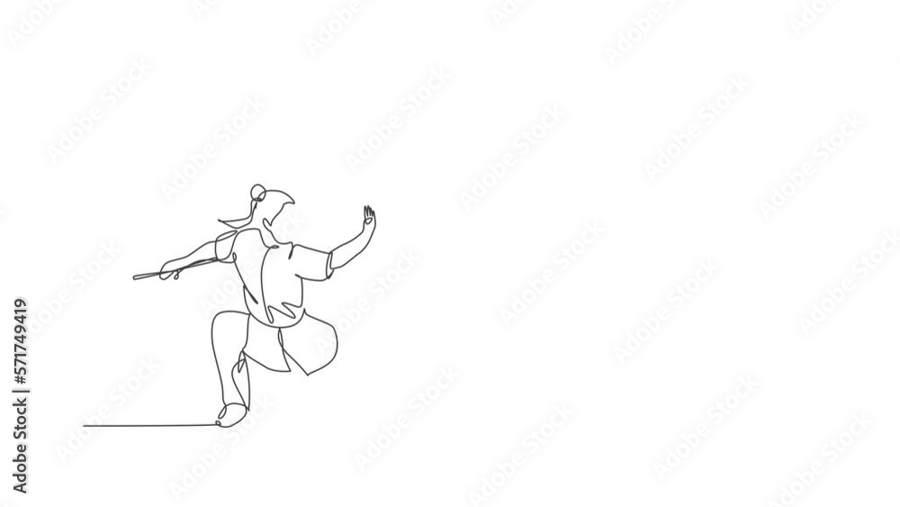 Animated self drawing of single continuous line draw young woman wushu fighter, kung fu master in uniform train with long staff at dojo center. Fighting contest concept. Full length one line animation Animated self drawing of single continuous line draw young woman wushu fighter, kung fu master in uniform train with long staff at dojo center. Fighting contest concept. Full length one line animation