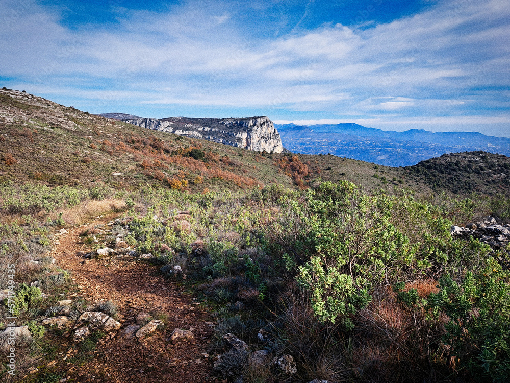 A trail in the medium-sized mountains in the hinterland of Nice, French Riviera