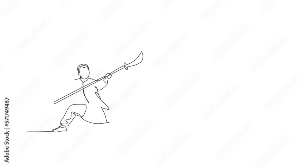 Animation of one line drawing of man on kimono exercise wushu martial art, kung fu technique with spear on gym center. Fighting sport concept. Continuous line self draw animated. Full length motion. Animation of one line drawing of man on kimono exercise wushu martial art, kung fu technique with spear on gym center. Fighting sport concept. Continuous line self draw animated. Full length motion.