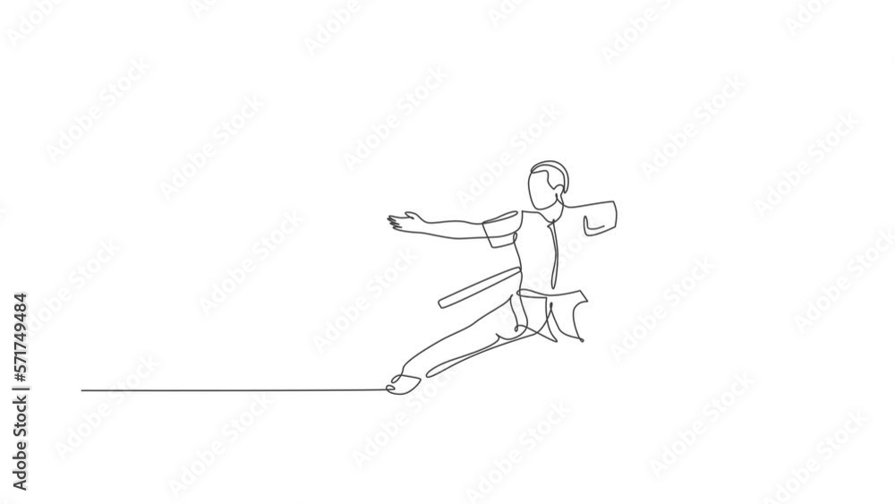 Animated self drawing of continuous line draw young man wushu fighter, kung fu master in uniform training with long staff at dojo center. Fighting contest concept. Full length one line animation.