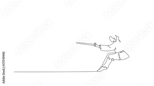 Wallpaper Mural Animated self drawing of single continuous line draw young woman wushu fighter, kung fu master in uniform training with swords at dojo center. Fighting contest concept. Full length one line animation. Torontodigital.ca