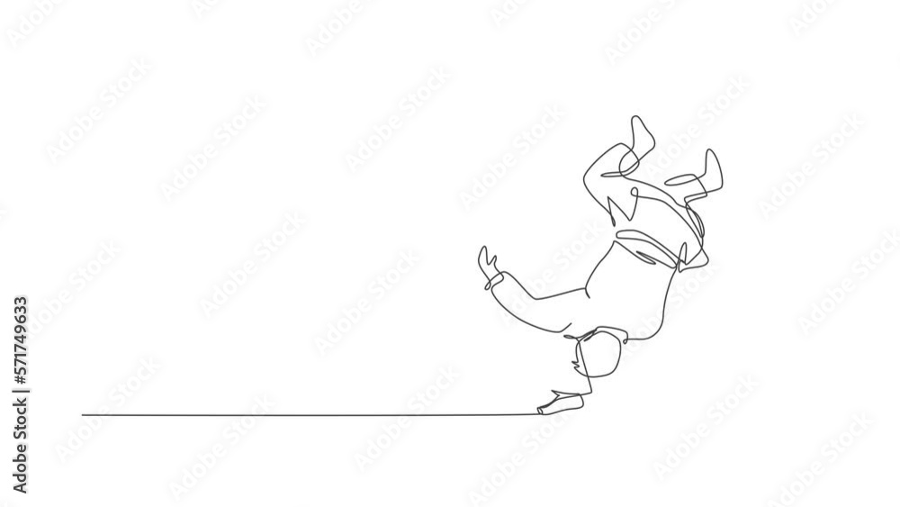 Animation of one line drawing of two young energetic judokas fighter men battle fighting at gym center. Martial art sport competition concept. Continuous line self draw animated. Full length motion.