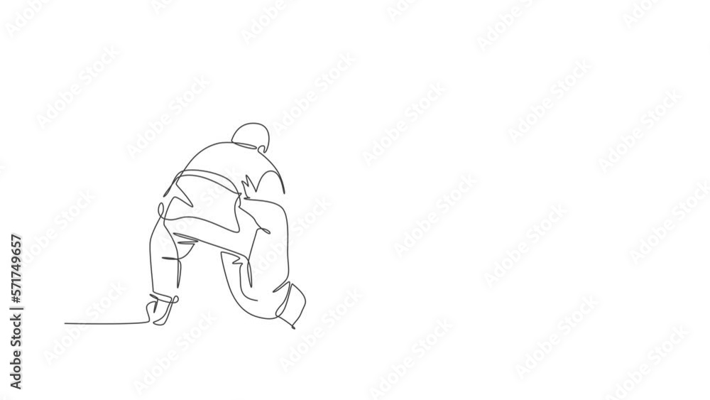 Animation of one line drawing of two young energetic judokas fighter men battle fighting at gym center. Martial art sport competition concept. Continuous line self draw animated. Full length motion. Animation of one line drawing of two young energetic judokas fighter men battle fighting at gym center. Martial art sport competition concept. Continuous line self draw animated. Full length motion.