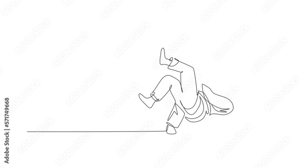 Animated self drawing of one continuous line draw two young sporty men training judo technique at sport hall. Jiu jitsu battle fight sport competition concept. Full length single line animation.