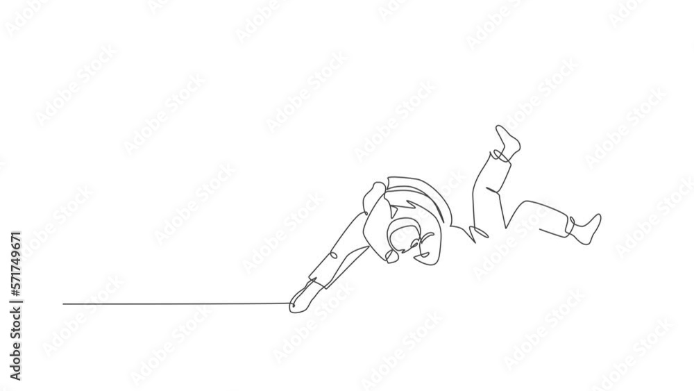 Animated self drawing of continuous line draw two young sportive judoka fighter men practice judo skill at dojo gym center. Fighting jujitsu, aikido sport concept. Full length one line animation. Animated self drawing of continuous line draw two young sportive judoka fighter men practice judo skill at dojo gym center. Fighting jujitsu, aikido sport concept. Full length one line animation.