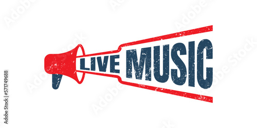 megaphone Live music sign or stamp on white background, vector illustration