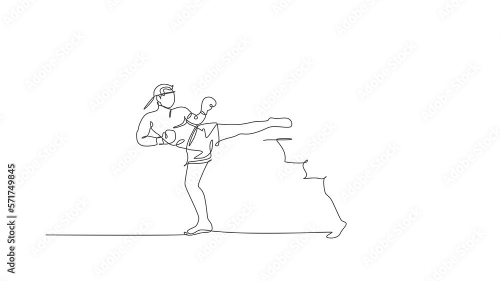 Animated self drawing of one continuous line draw two young sporty muay thai boxer men kicking hard sparring fight partner at box arena. Fighting sport game concept. Full length single line animation. Animated self drawing of one continuous line draw two young sporty muay thai boxer men kicking hard sparring fight partner at box arena. Fighting sport game concept. Full length single line animation.