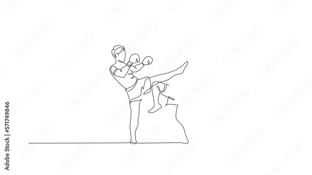 Animation of one line draw two young energetic muay thai fighter men exercising at gym fitness center. Combative thai boxing sport concept. Continuous line self draw animated. Full length motion. Animation of one line draw two young energetic muay thai fighter men exercising at gym fitness center. Combative thai boxing sport concept. Continuous line self draw animated. Full length motion.