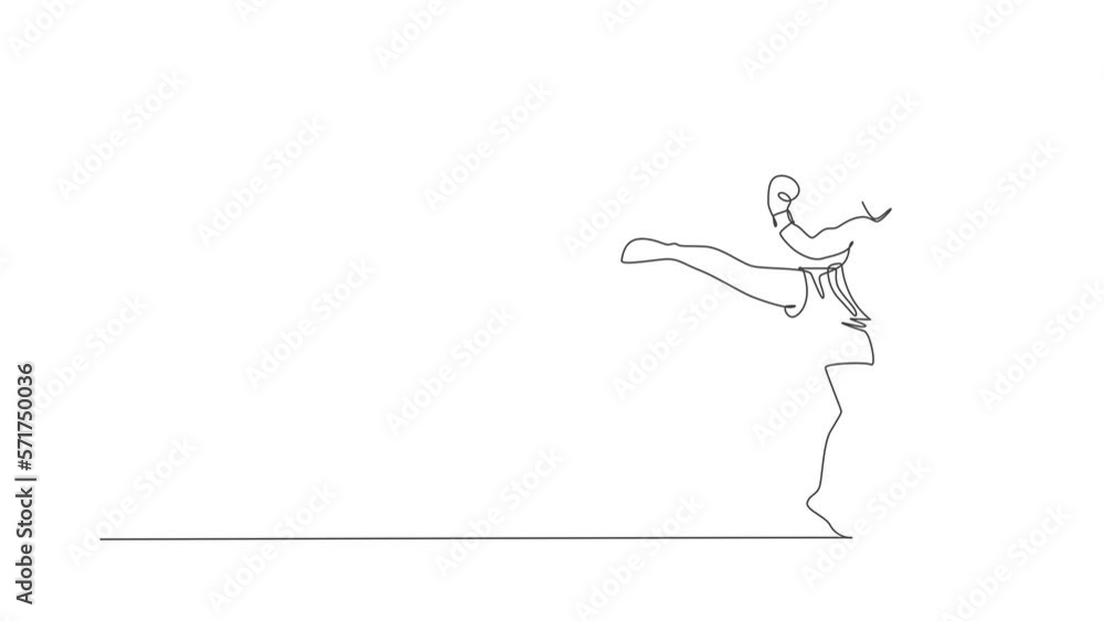 Animated self drawing of one continuous line draw young sporty man kickboxer athlete training powerful kick at gym center. Combative kickboxing sport concept. Full length single line animation. Animated self drawing of one continuous line draw young sporty man kickboxer athlete training powerful kick at gym center. Combative kickboxing sport concept. Full length single line animation.