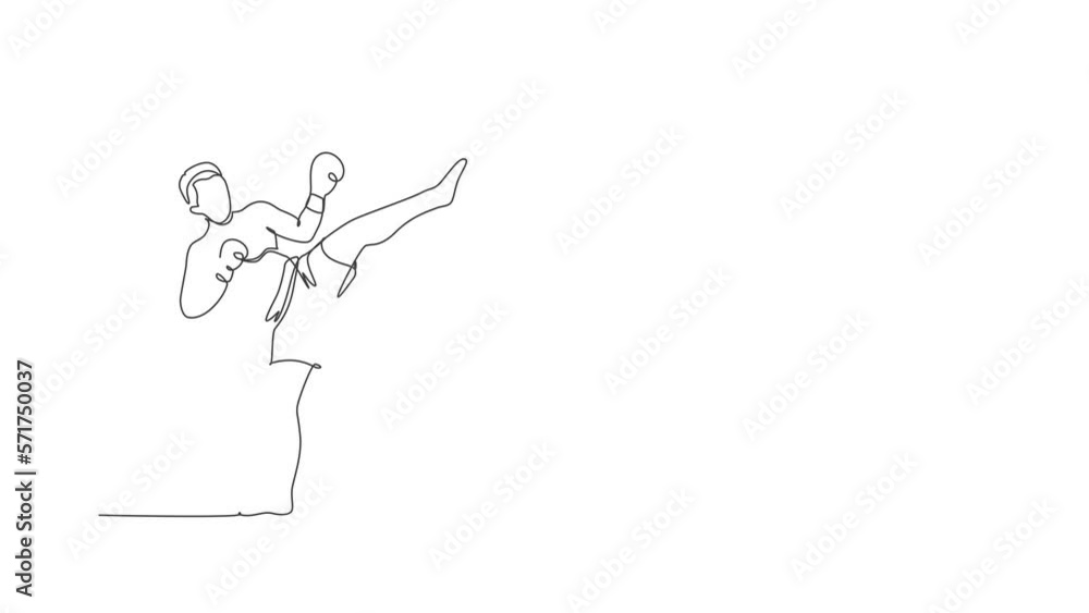 Animation of one single line drawing of young energetic man kickboxer practice high kick stance in boxing arena. Healthy lifestyle sport concept. Continuous line self draw animated. Full length motion Animation of one single line drawing of young energetic man kickboxer practice high kick stance in boxing arena. Healthy lifestyle sport concept. Continuous line self draw animated. Full length motion
