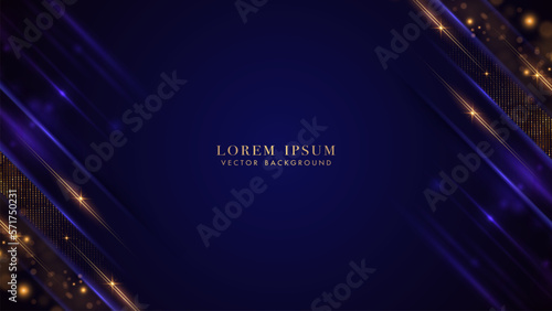 Abstract light beam with golden lines, shiny dots, glitter light effect and bokeh over dark blue background. Vector illustration