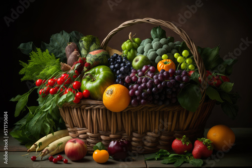 colorful array of fresh fruits and vegetables arranged in a woven basket with a focus on vibrant greens and reds  generative ai