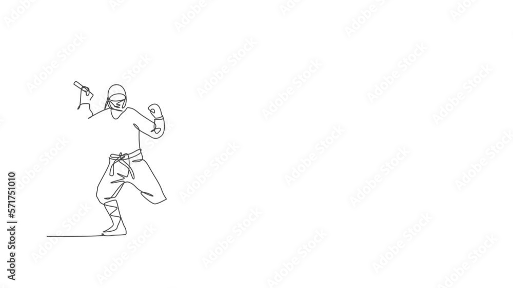 Animation of one line drawing of energetic Japanese traditional ninja holding samurai sword on attack pose. Combative martial art sport concept. Continuous line self draw animated. Full length motion. Animation of one line drawing of energetic Japanese traditional ninja holding samurai sword on attack pose. Combative martial art sport concept. Continuous line self draw animated. Full length motion.