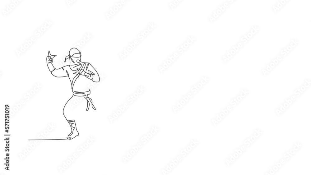 Animation of one line drawing of energetic Japanese traditional ninja holding star shuriken on attack pose. Combative martial art sport concept. Continuous line self draw animated. Full length motion. Animation of one line drawing of energetic Japanese traditional ninja holding star shuriken on attack pose. Combative martial art sport concept. Continuous line self draw animated. Full length motion.