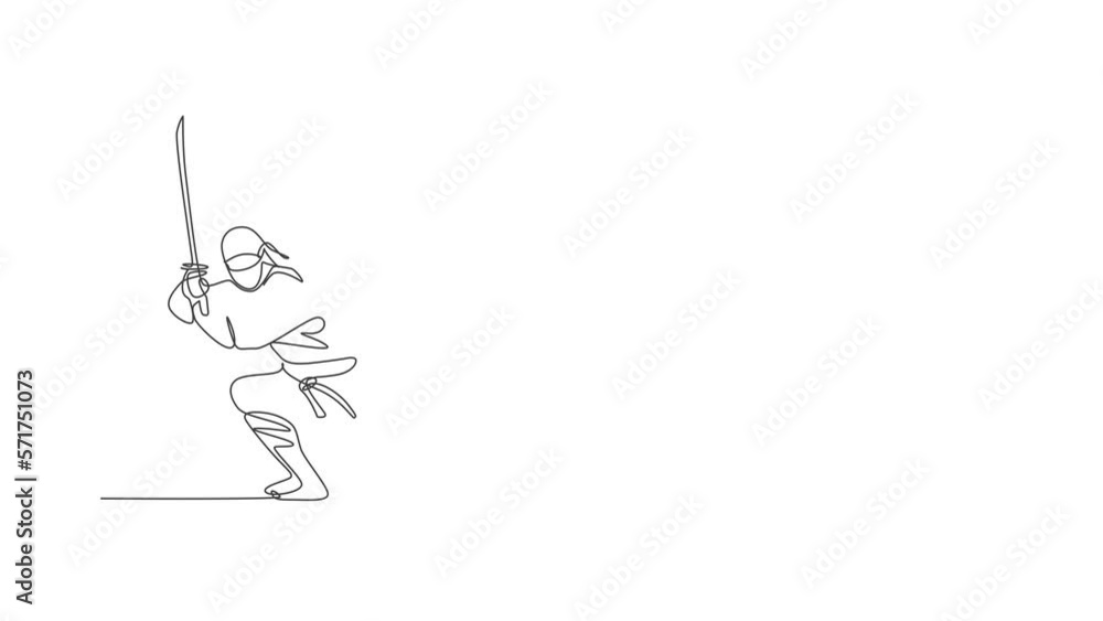 Animated self drawing of continuous line draw young Japanese culture ninja warrior on mask costume with attacking stance pose. Martial art fighting samurai concept. Full length one line animation.