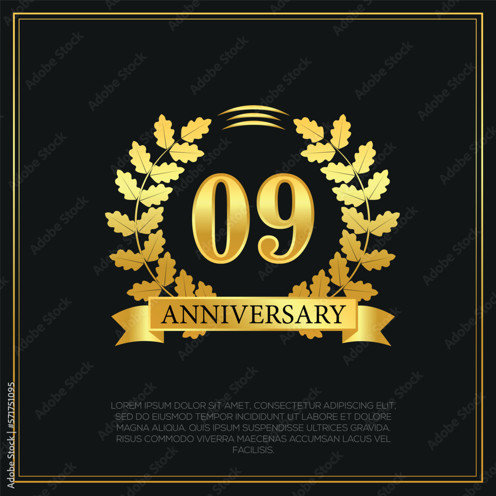 Fototapeta premium 09 year anniversary celebration logo gold color design on black background abstract illustration 
