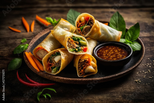 Crispy and flavorful spring rolls with vegetables and dipping sauce, generative ai