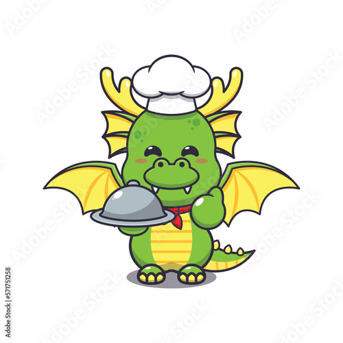 Cute chef dragon mascot cartoon character with dish. 
