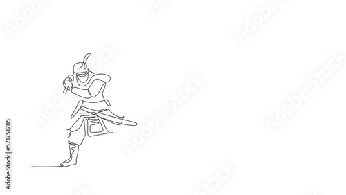 Animated self drawing of one continuous line draw young bravery samurai shogun wearing mask ready to attack at training session. Martial art combative sport concept. Full length single line animation. photo
