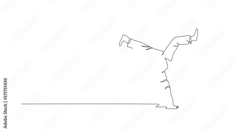 Animated self drawing of single continuous line draw young sportive man practice Brazilian capoeira move dance at outdoor street. Culture martial art and sport concept. Full length one line animation. Animated self drawing of single continuous line draw young sportive man practice Brazilian capoeira move dance at outdoor street. Culture martial art and sport concept. Full length one line animation.