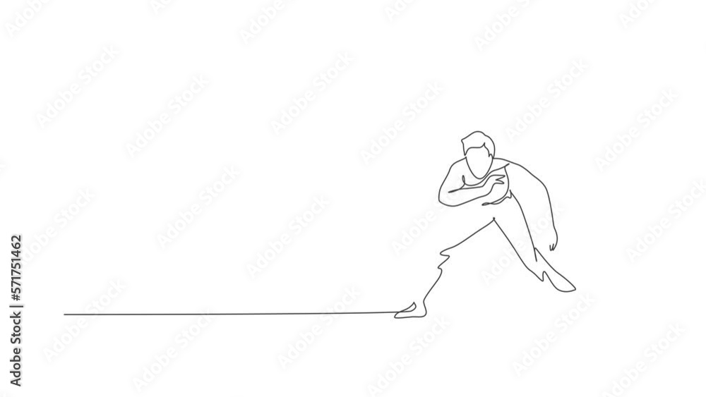 Animation of one line drawing of young energetic man capoeira dancer perform dancing fight. Traditional martial art lifestyle sport concept. Continuous line self draw animated. Full length motion. Animation of one line drawing of young energetic man capoeira dancer perform dancing fight. Traditional martial art lifestyle sport concept. Continuous line self draw animated. Full length motion.