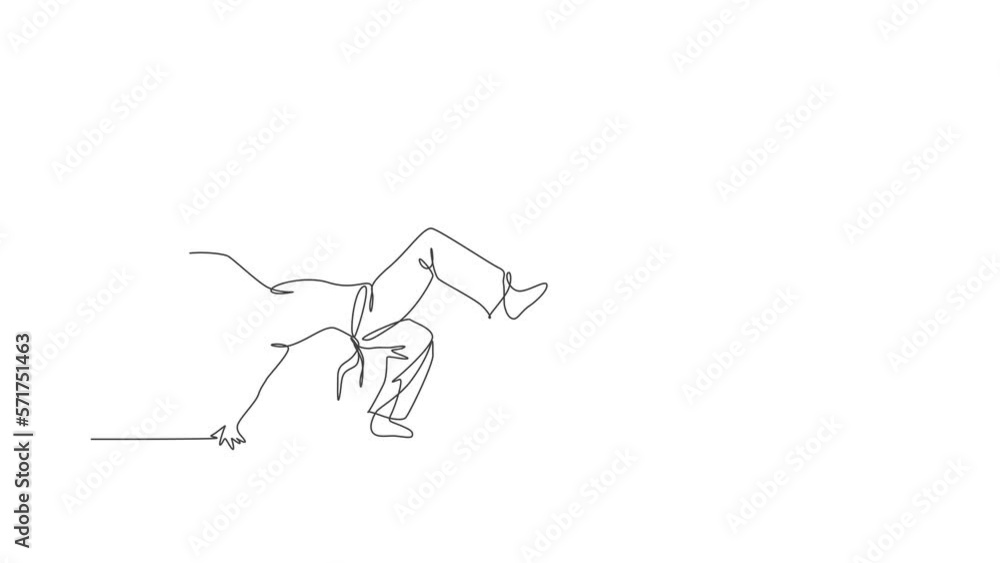 Animated self drawing of one continuous line draw young sporty Brazilian fighter man training capoeira on the beach. Healthy traditional fighting sport concept. Full length single line animation. Animated self drawing of one continuous line draw young sporty Brazilian fighter man training capoeira on the beach. Healthy traditional fighting sport concept. Full length single line animation.