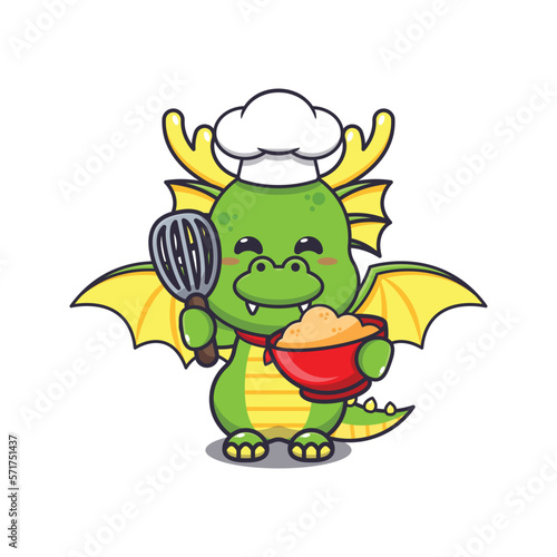 Cute chef dragon mascot cartoon character with cake dough. 