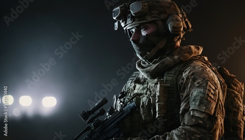 black ops Special forces soldier with rifle on dark background by ai generative