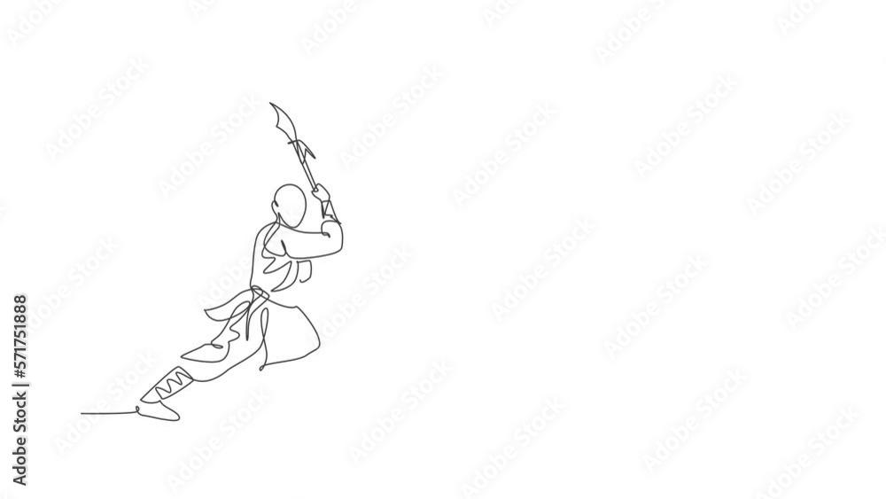 Animation of one line drawing of energetic shaolin monk man exercise fighting with spear at temple. Ancient Chinese martial art sport concept. Continuous line self draw animated. Full length motion. Animation of one line drawing of energetic shaolin monk man exercise fighting with spear at temple. Ancient Chinese martial art sport concept. Continuous line self draw animated. Full length motion.