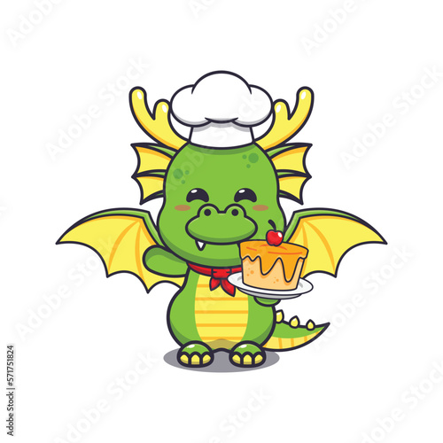 Cute chef dragon mascot cartoon character with cake. 