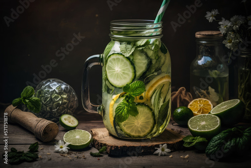 Refreshing detox water infused with fresh cucumber and mint leaves, generative ai