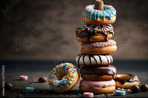 Obraz na płótnie Stack of mini donuts with various toppings, generative ai