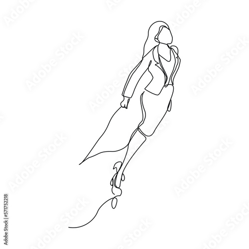 Continuous single one line drawing of flying business super hero woman. Vector illustration concept of power employee, success achievement, business hero leader.