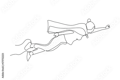 Continuous single one line drawing of flying business super hero woman. Vector illustration concept of power employee, success achievement, business hero leader.