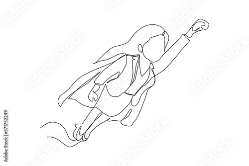 Continuous single one line drawing of flying business super hero woman. Vector illustration concept of power employee, success achievement, business hero leader.