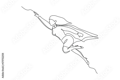 Continuous single one line drawing of flying business super hero woman. Vector illustration concept of power employee, success achievement, business hero leader.