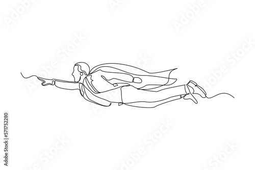 Continuous single one line drawing of flying business super hero man. Vector illustration concept of power employee, success achievement, business hero leader.
