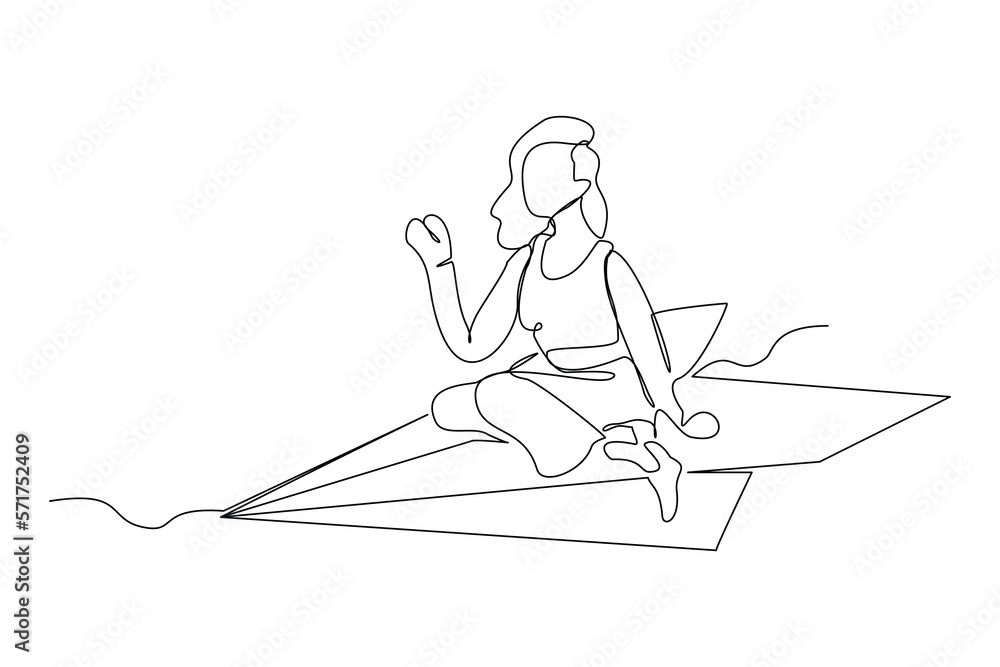 Continuous single one line drawing of business woman ride paper plane to reach business achievement growth goal successful. Vector illustration sketch art concept