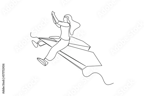 Continuous single one line drawing of business woman ride paper plane to reach business achievement growth goal successful. Vector illustration sketch art concept