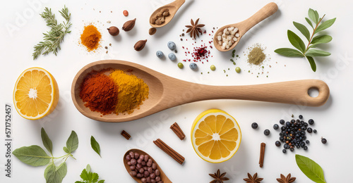 Fototapeta Naklejka Na Ścianę i Meble -  wooden spoon with vibrant spices and herbs scattered around it on a white marble countertop, generative ai