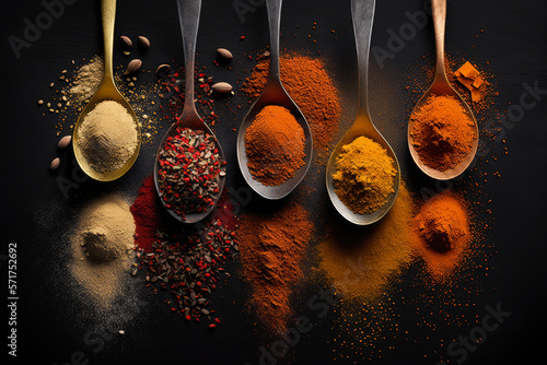 Fototapeta Naklejka Na Ścianę i Meble -  Powdered spices in bowls and spoons on a black background, generative ai