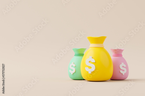 Money bag with icon dollar currency on background. Save money and investment concept. 3d render illustration