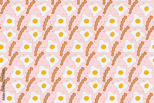 Bright Seamless pattern of fried egg with bacon stripes and spices in cartoon style. Fast breakfast