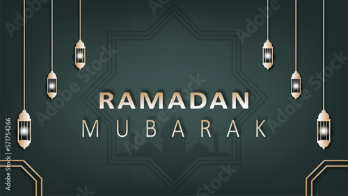 Ramadan mubarak modern 3D banner poster wallpaper design with embossed lantern and mosque ornaments