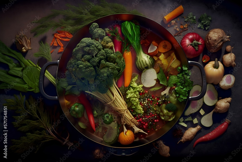 stylised image of a pan with different ingredients arranged in a visually appealing way, such as colourful vegetables or herbs (AI Generated)