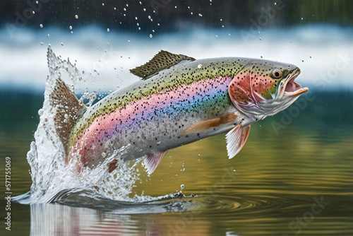 Photo rainbow trout fish jumping out of river water made by generative ai