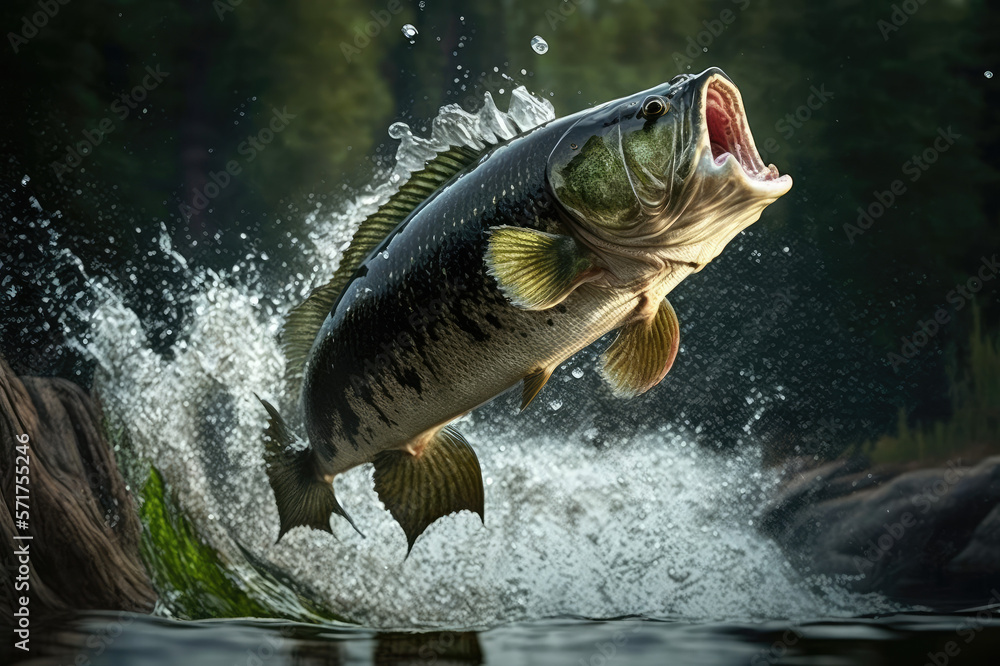 black bass fish jumping out of river water made by generative ai