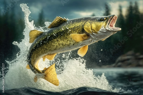 walleye fish jumping out of river water made by generative ai