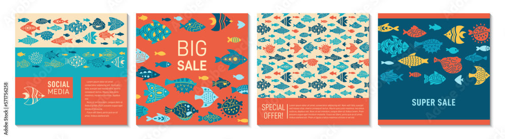 Abstract fish trendy cover, square card design set. Exotic nautical pattern page flyer, notebook with ornamental aquarium animals fishes. Brochure social media sea catalog. Decorative page background