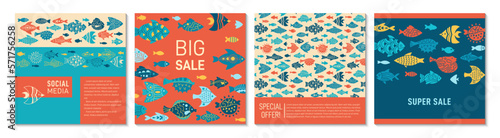 Abstract fish trendy cover  square card design set. Exotic nautical pattern page flyer  notebook with ornamental aquarium animals fishes. Brochure social media sea catalog. Decorative page background